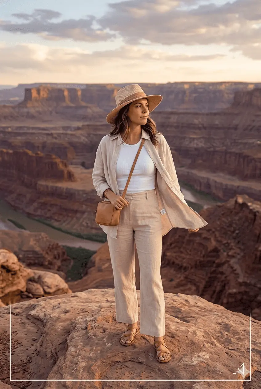 Woman in linen road trip outfit standing at a desert overlook in the American Southwest with red rock formations in the background
