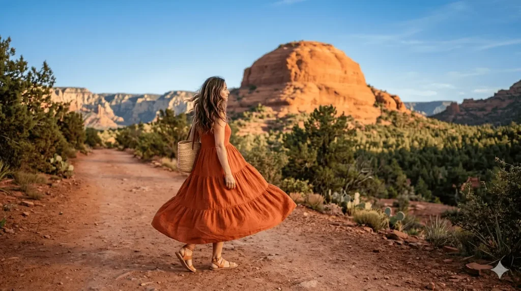 Woman in burnt orange maxi dress walking the Bell Rock trail in Sedona — perfect desert photoshoot outfit