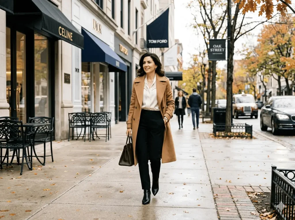 Gold Coast Chicago fashion — elegant woman in tailored blazer and designer bag walking along Oak Street luxury boutiques