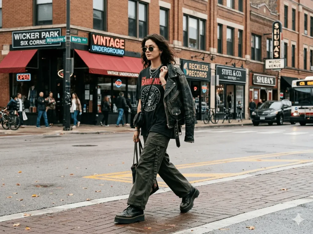 Wicker Park Chicago street style — bohemian fashion with vintage clothing and platform boots near the six corners intersection