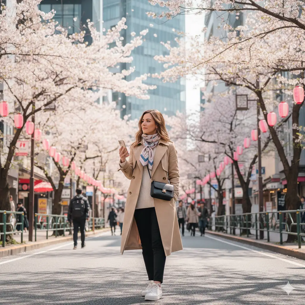 Female traveler wearing a layered spring outfit in Japan: beige trench coat, knit sweater, scarf, and slim trousers, standing in a Tokyo street with cherry blossom trees and modern buildings. Soft pastel tones, fashionable Japanese street style, travel photography, natural light.