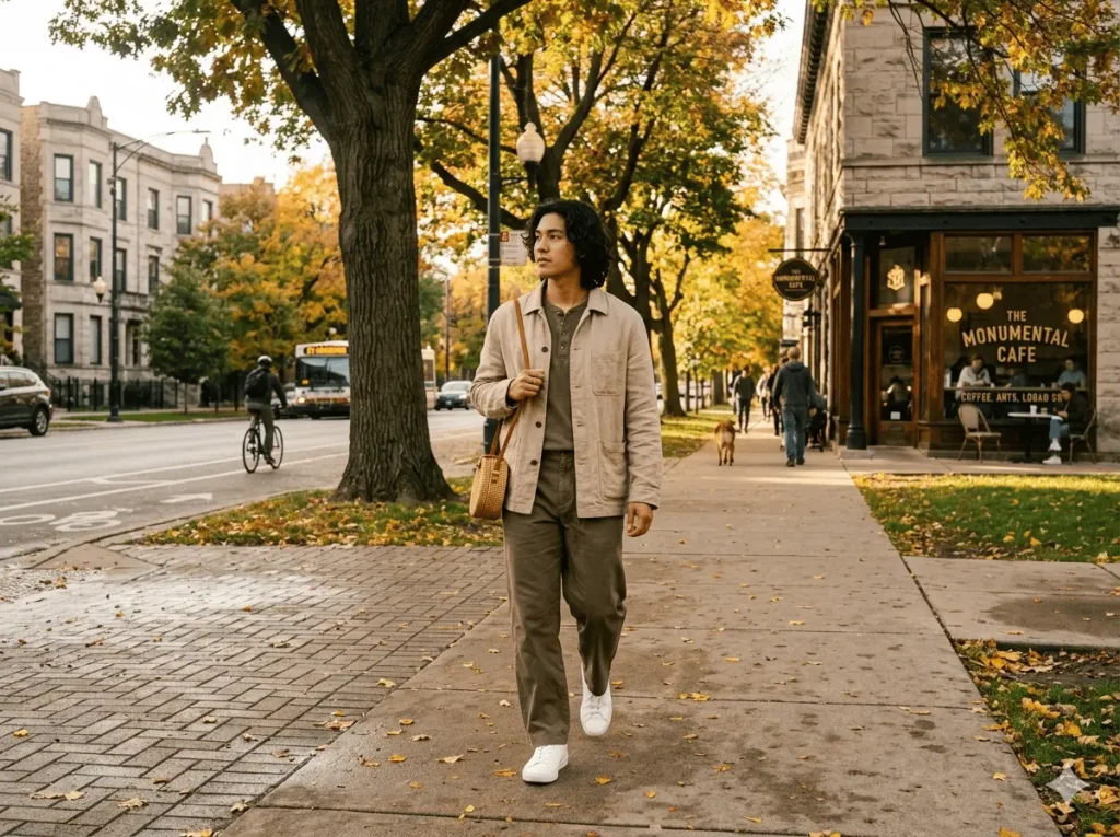 Logan Square Chicago street style — person in earth-toned layered outfit walking past greystone buildings and indie coffee shops