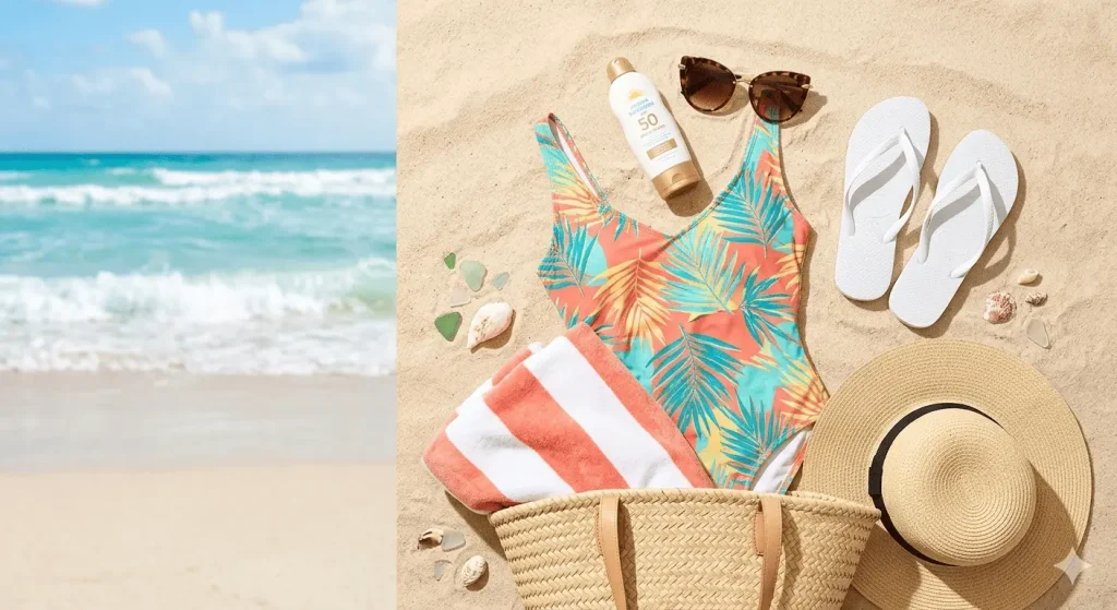 Beach essentials to pack for Miami including swimsuit flip flops and sunscreen