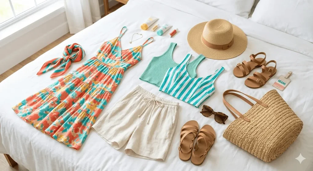 Clothing essentials for Miami packing list including summer dresses shorts and tops