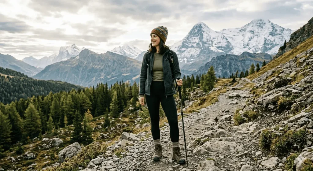 Female hiker in stylish mountain road trip outfit with leggings and fleece jacket standing on a rocky trail with snow-capped peaks behind her