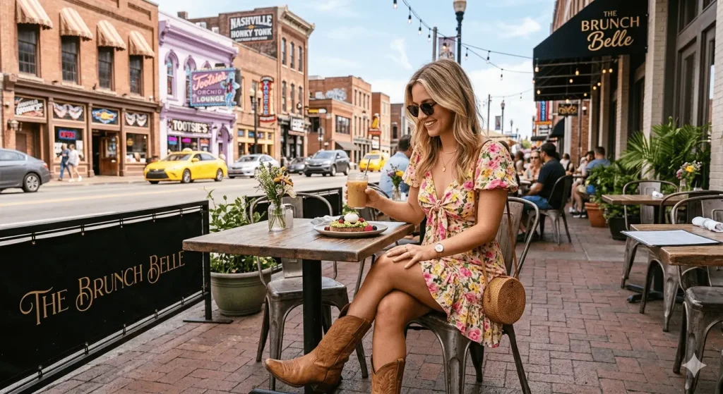 Cute Nashville brunch outfit idea with floral dress and cowboy boots