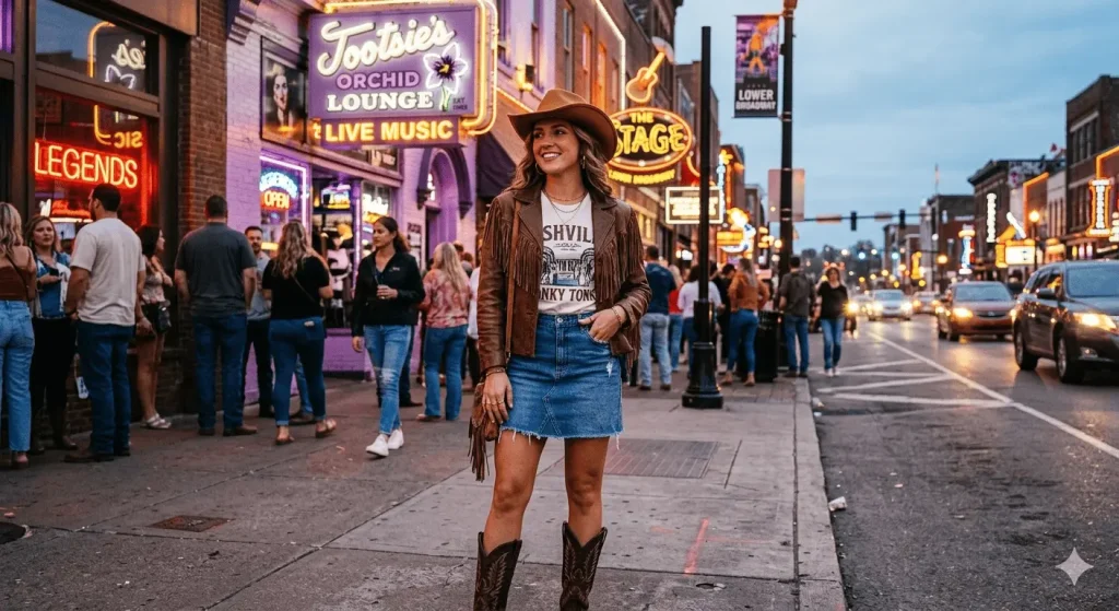 Nashville honky tonk outfit idea with cowboy boots denim skirt and fringe jacket