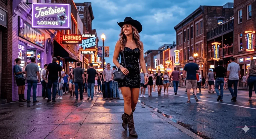 Nashville nightlife outfit idea with black mini dress and cowboy boots