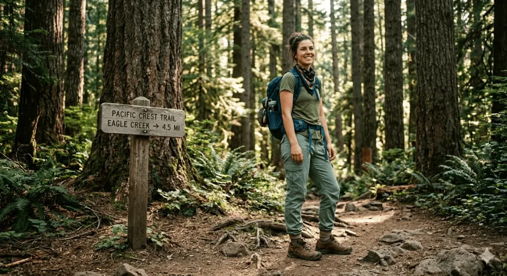 Woman in olive cargo pants and hiking gear standing at a national park trailhead with tall pine trees and a forest trail in the background