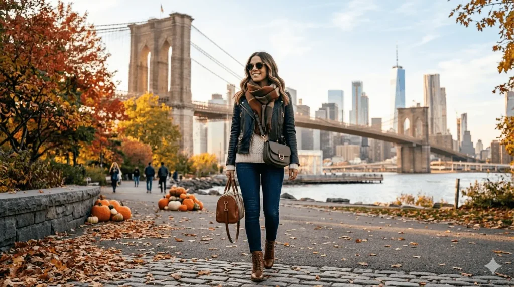 Fall outfit idea for visiting New York City with leather jacket