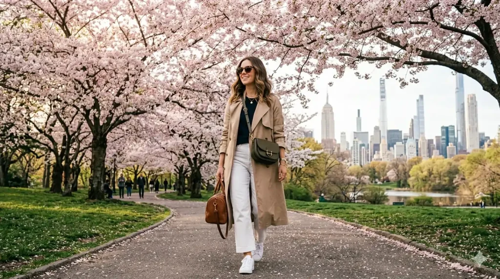 A fashionable woman walking in Central Park during spring in New York City.