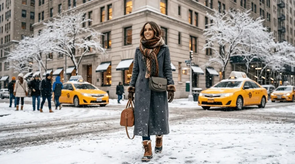 Winter outfit idea for New York City travel with wool coat