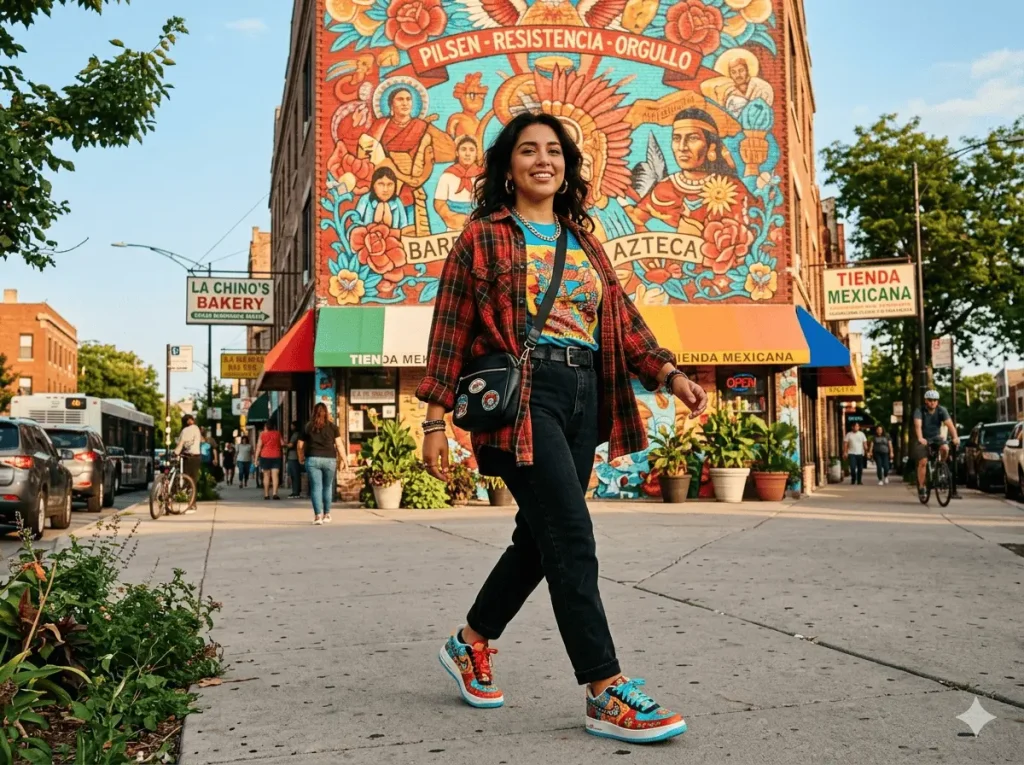 Pilsen Chicago street style — person in vibrant graphic tee and custom painted sneakers walking past colorful murals on 18th Street