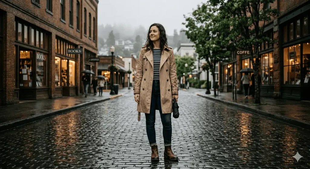 Woman wearing a khaki trench coat and striped top standing on a wet street during a rainy day road trip in the Pacific Northwest