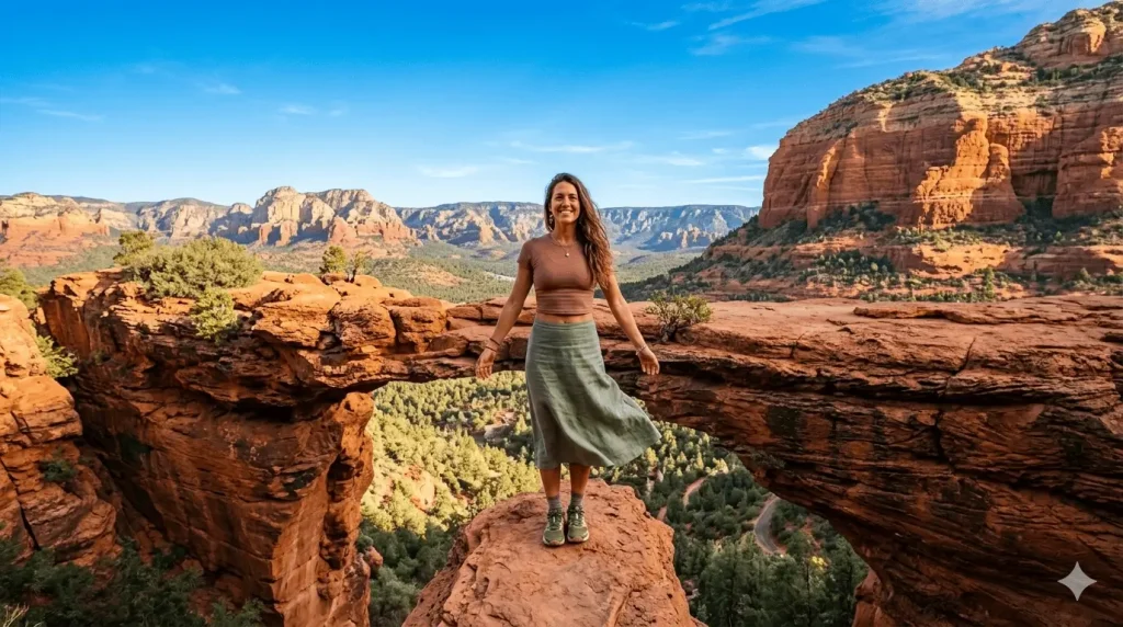 Woman in sage skirt and dusty rose top posing on Devil's Bridge, Sedona — desert photoshoot outfit idea