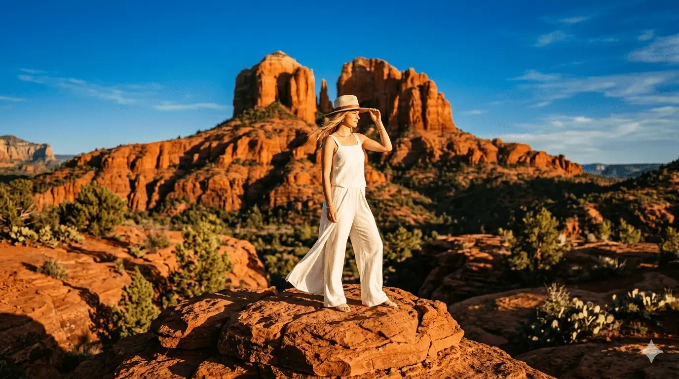 Woman in ivory linen outfit standing at Cathedral Rock, Sedona outfit ideas hero image