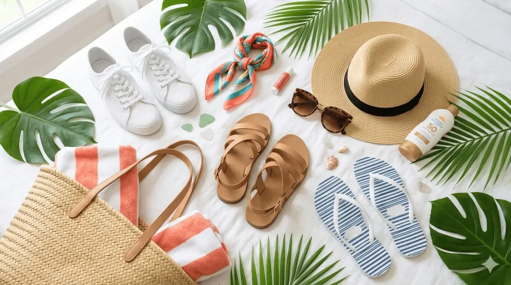 Best shoes to pack for Miami vacation including sneakers sandals and flip flops