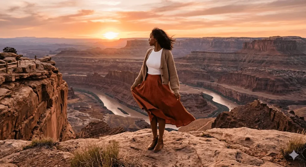 Woman in a flowy rust midi skirt and fitted top standing at a canyon overlook during golden hour sunset on a USA road trip