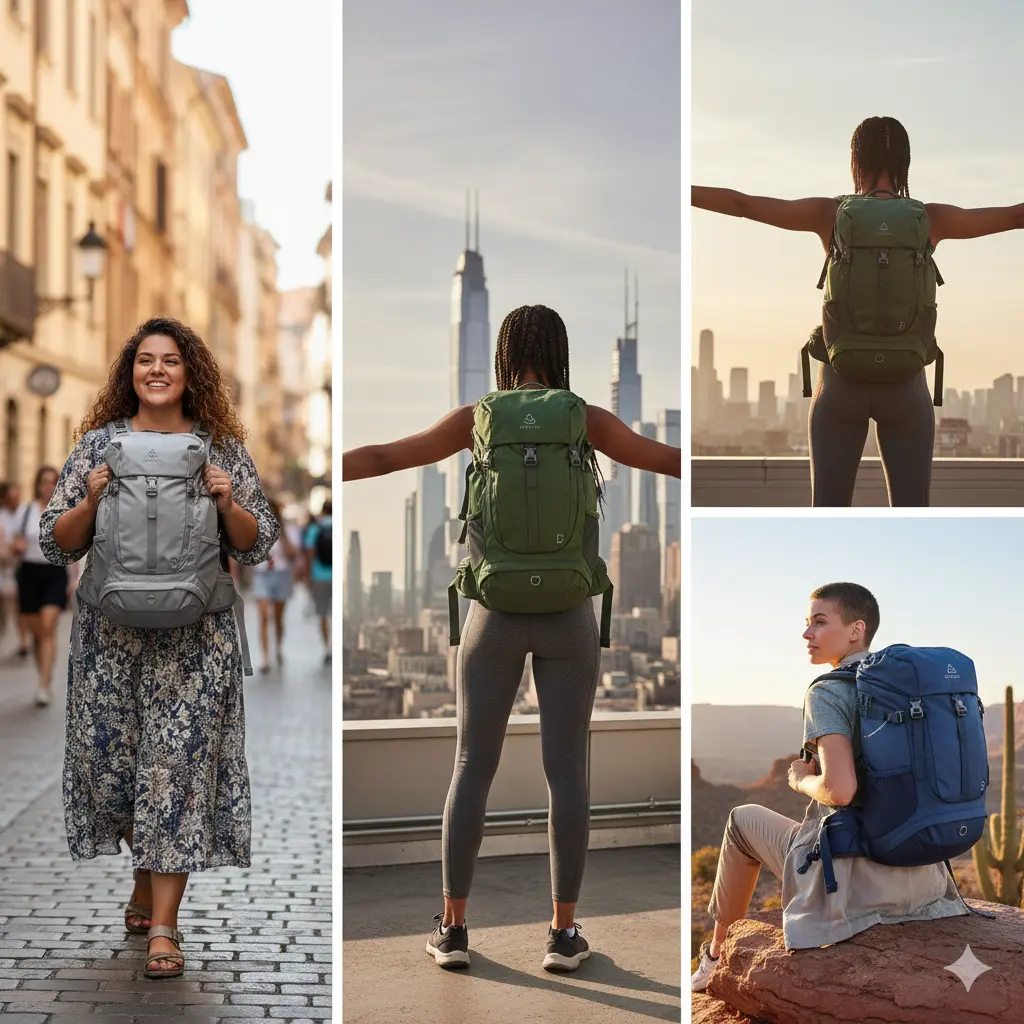 Women with different body types wearing properly fitted travel backpacks.