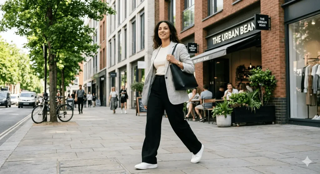 Woman in wide-leg trousers and blazer walking through a trendy city neighborhood during a road trip stop with urban architecture behind her