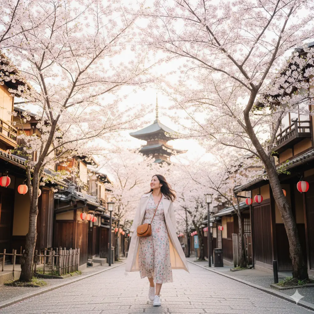 What to wear in Japan in spring – stylish female traveler outfit under cherry blossoms
