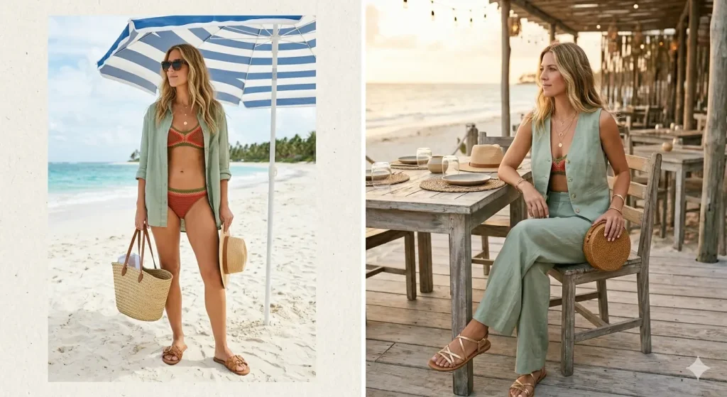 Beach-to-dinner spring break outfit transition showing a swimsuit styled as a top with linen pants and gold jewelry for evening