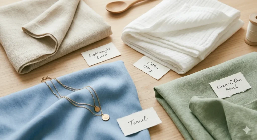 Close-up comparison of best fabrics for spring break outfits including linen, cotton gauze, Tencel, and linen-cotton blend