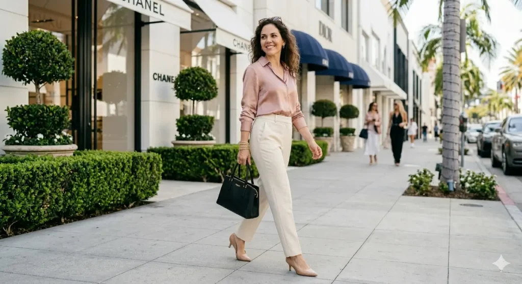 Woman in tailored cream trousers, blush silk blouse, and nude heels walking past upscale boutiques in Beverly Hills — polished quiet luxury LA outfit for Rodeo Drive shopping