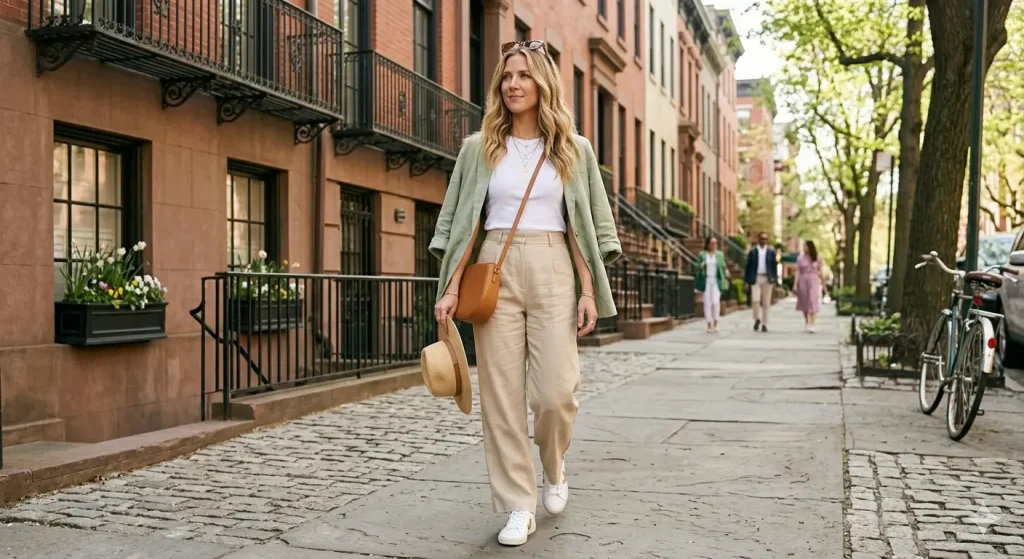 City spring break sightseeing outfit with wide-leg trousers, linen blazer, white sneakers, and crossbody bag on a city street