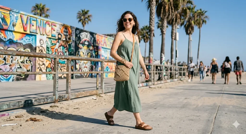 Woman in a sage green sundress and Birkenstock sandals walking along the Venice Beach boardwalk with colorful murals in the background — relaxed bohemian LA beach style