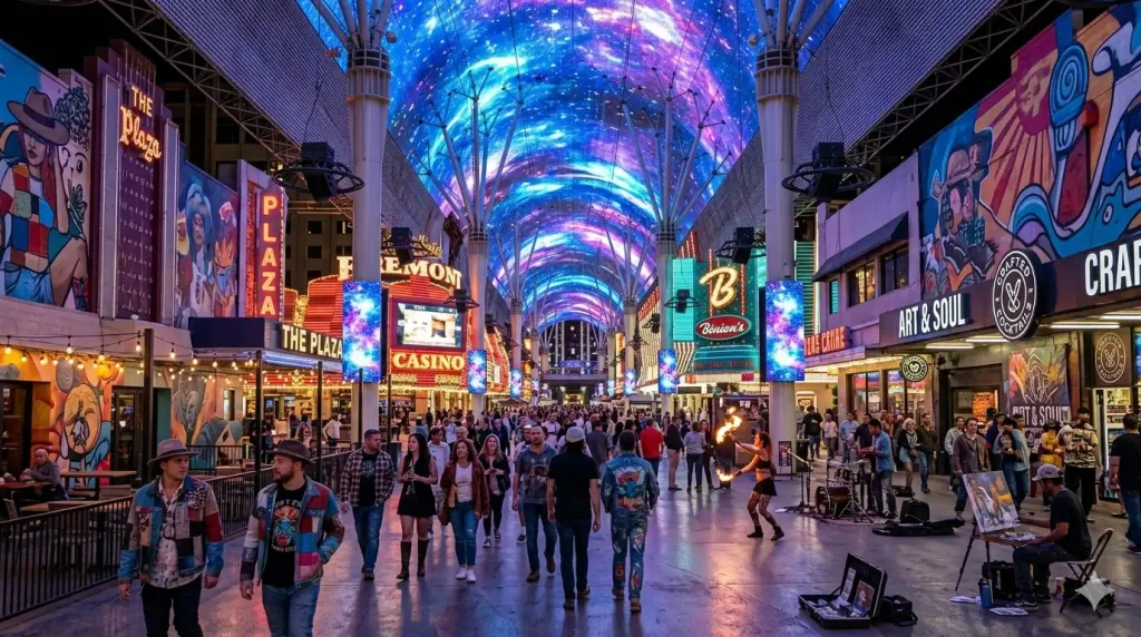 Colorful Fremont Street Experience in downtown Las Vegas with visitors in casual eclectic outfits under the LED canopy