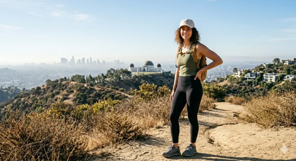 Woman in athletic leggings and olive tank top hiking a trail near Griffith Observatory with the Hollywood Hills and Los Angeles skyline in the background — LA hiking outfit essentials