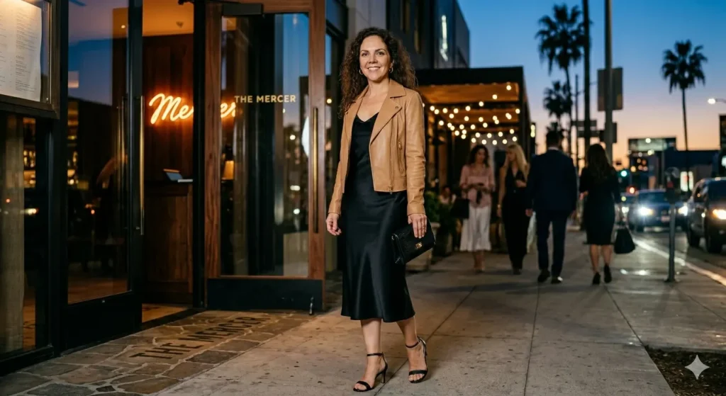Woman in a black satin slip dress and leather moto jacket standing outside a trendy Hollywood restaurant at dusk — chic West Hollywood nightlife outfit