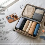 international packing list suitcase setup with travel essentials and packing cubes
