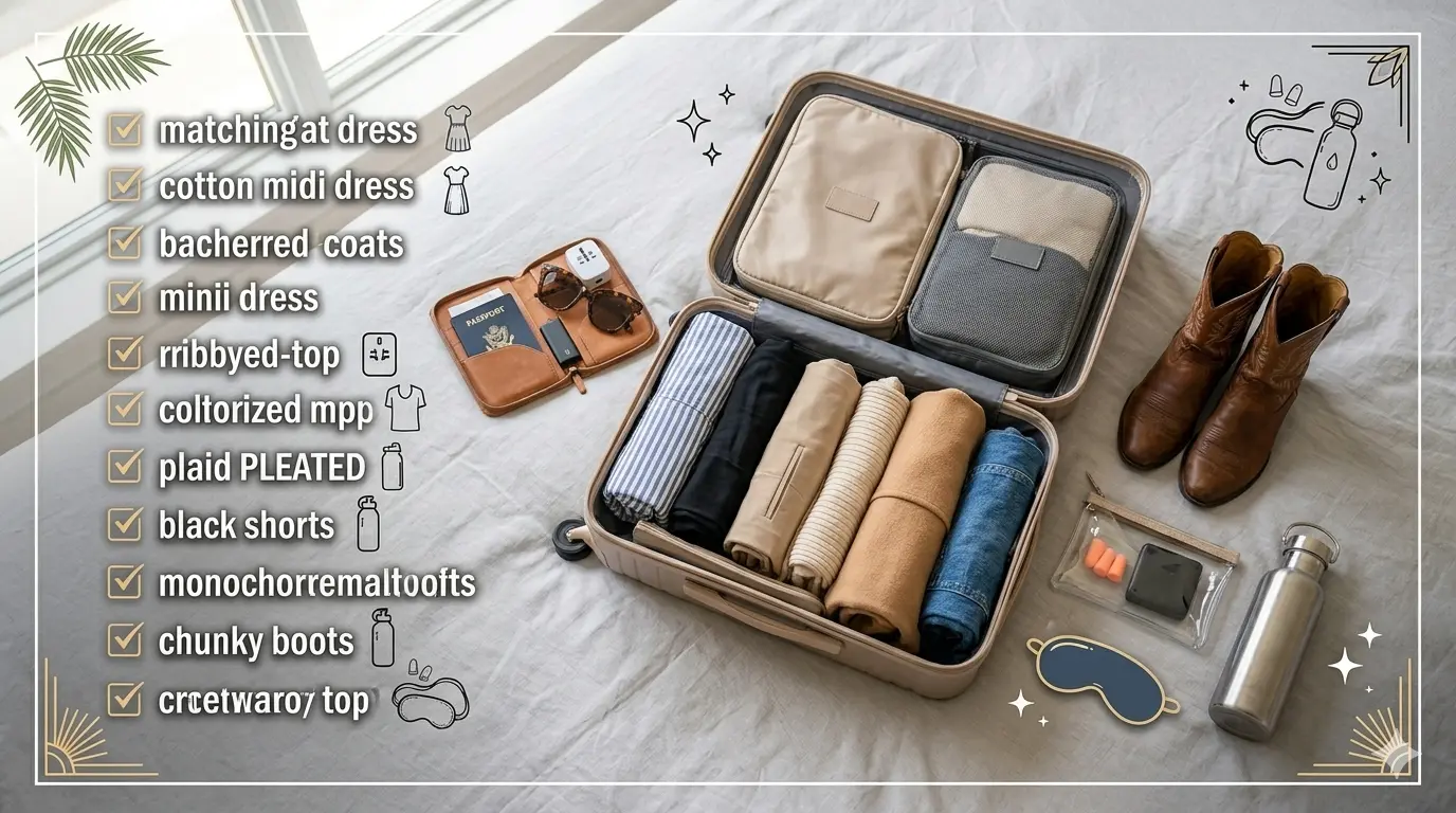 international packing list suitcase setup with travel essentials and packing cubes