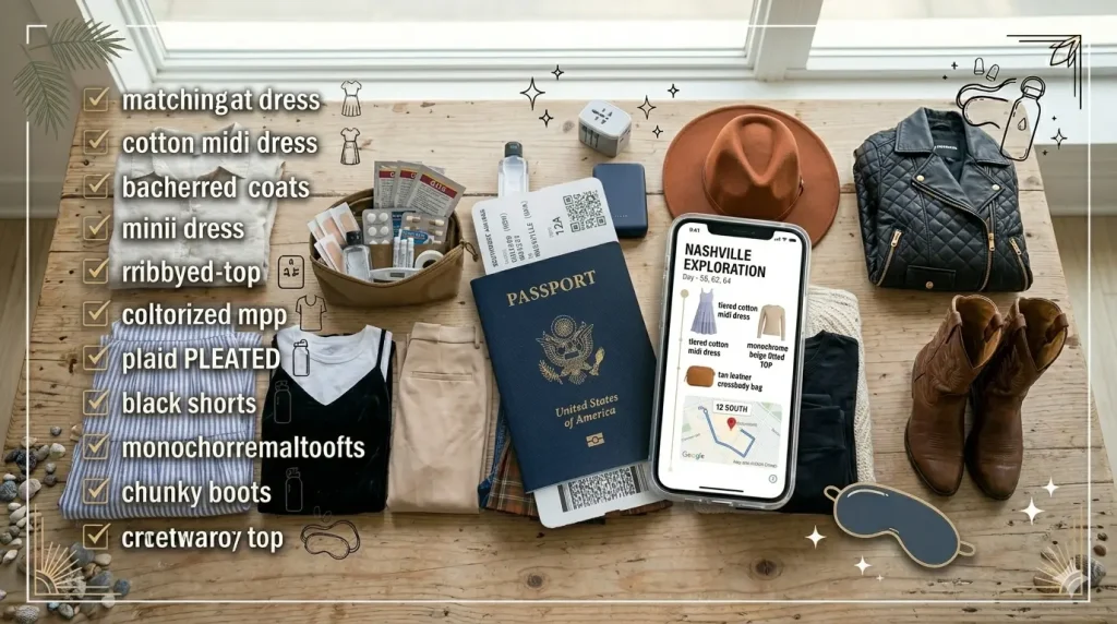 A top-down view of an organized packing list flat lay on a wooden table, featuring an open passport, smartphone with an itinerary for a Nashville exploration, folded clothes, and various travel essentials and wellness items for an international trip.