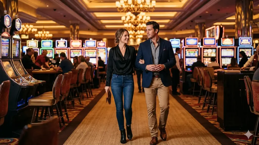 Couple in smart casual evening outfits walking through a Las Vegas casino floor with warm ambient lighting