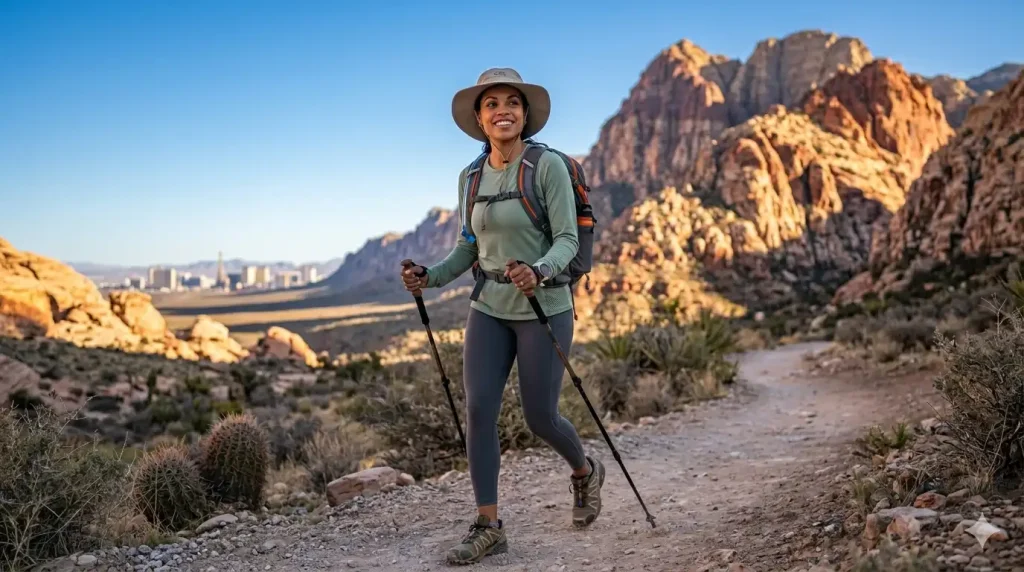 Hiker in athletic outdoor clothing with trail sneakers and wide-brimmed hat at Red Rock Canyon near Las Vegas with red sandstone formations