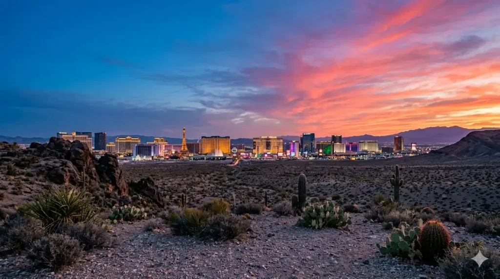 Las Vegas skyline with desert landscape showing the contrast between sunny daytime Strip and dramatic desert sunset