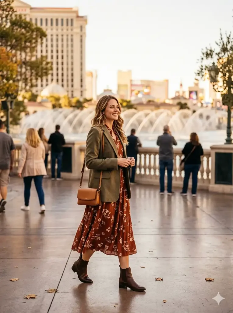 Woman in a fall transitional outfit with blazer and midi dress near the Bellagio fountains in Las Vegas during October