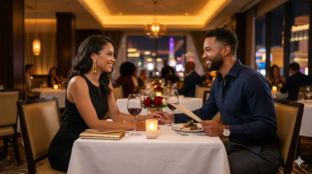 Couple dressed in smart casual attire at an upscale Las Vegas restaurant with elegant interior lighting and table setting