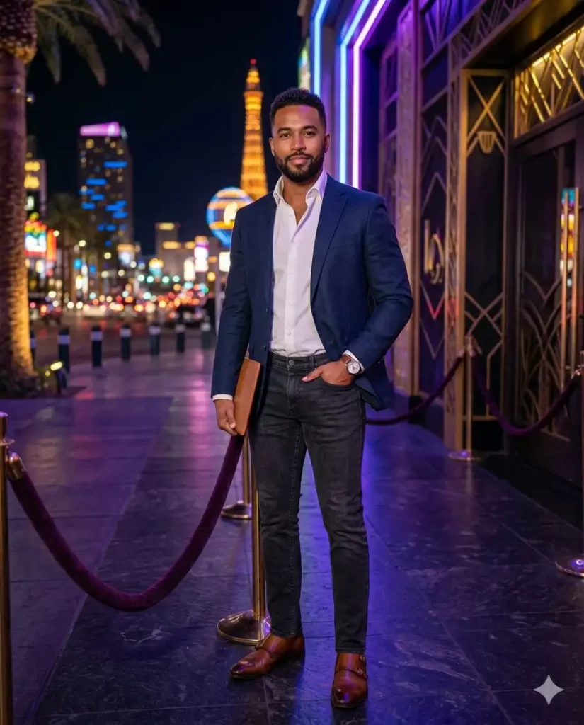 Man in a sharp Las Vegas nightclub outfit with blazer, dark jeans, and dress shoes standing near a club entrance on the Strip