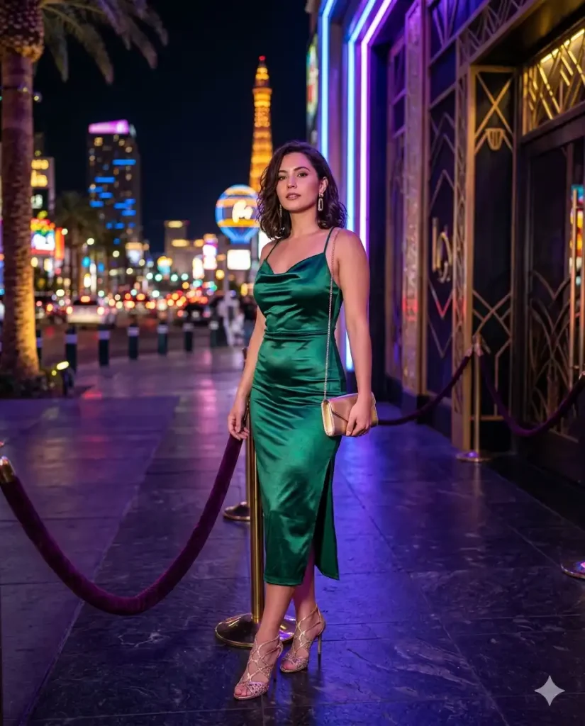 Woman in a glamorous Las Vegas nightclub outfit wearing a satin cocktail dress and heels near a neon-lit club entrance on the Strip