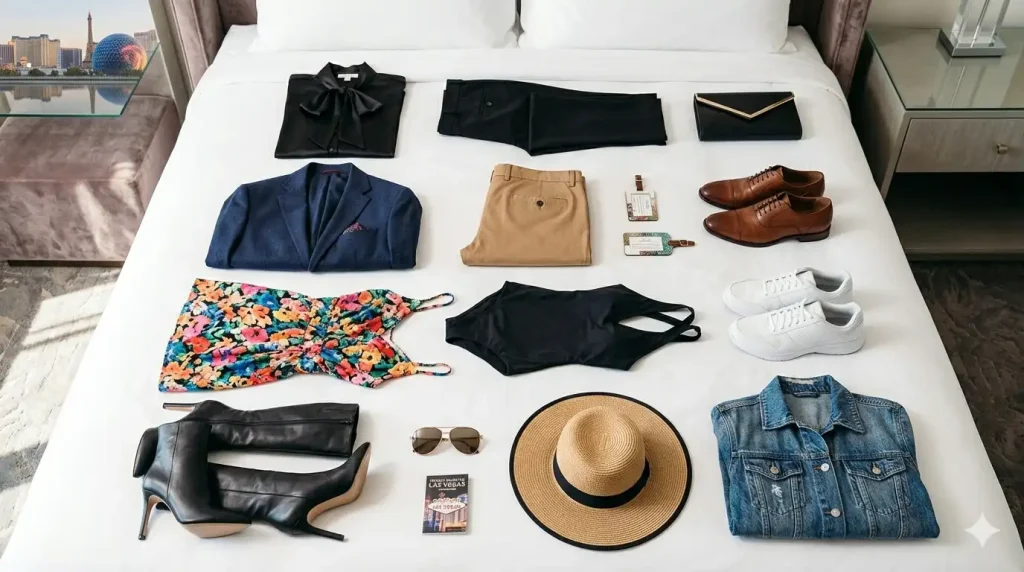 Flat lay of a curated Las Vegas packing list with outfits for pool, Strip, and nightlife on a hotel bed
