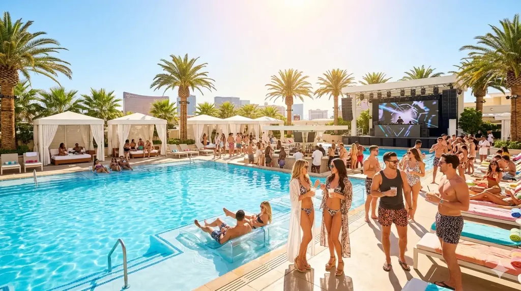 Vibrant Las Vegas pool party scene at a luxury dayclub with guests in trendy swimwear, cabanas, and a DJ booth in the background
