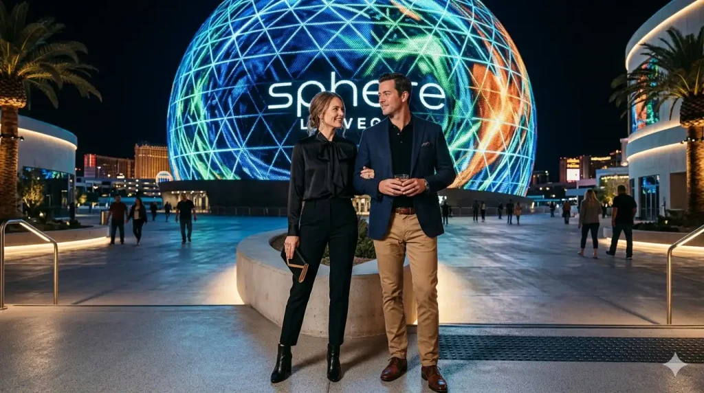 ouple in smart casual outfits outside The Sphere Las Vegas venue for a show night