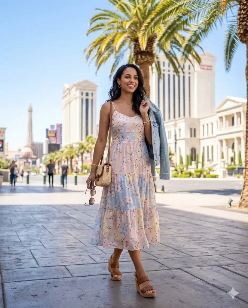 Woman in a light spring outfit with a sundress and cardigan walking the Las Vegas Strip on a warm spring day