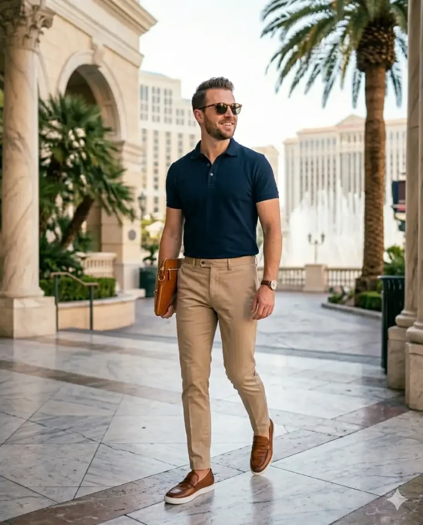 Man in smart casual Las Vegas daytime outfit with fitted chinos, clean polo shirt, and loafers walking near the Strip