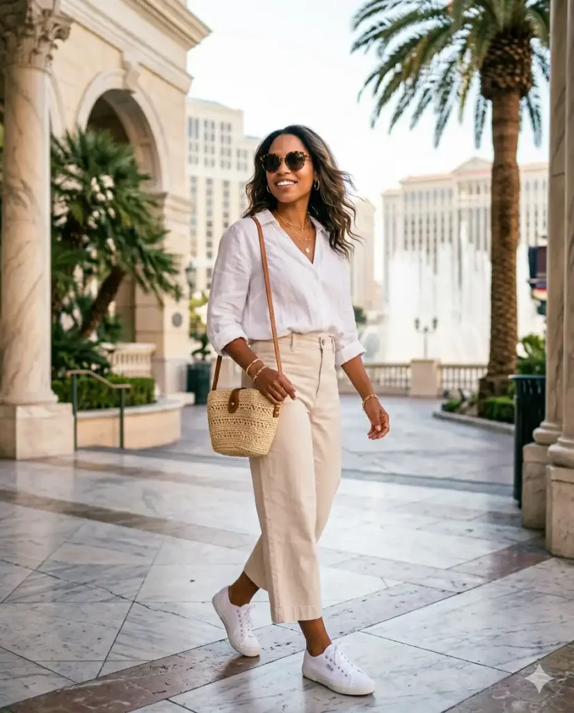 Woman in a casual chic daytime Las Vegas Strip outfit with linen top, comfortable walking sneakers, and crossbody bag near casino entrance