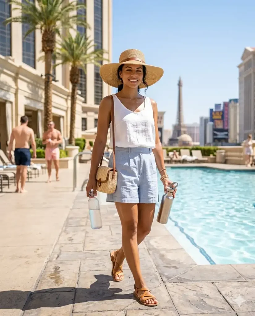 Woman in ultra-lightweight summer outfit walking near a Las Vegas hotel pool area on a hot desert day with clear blue sky